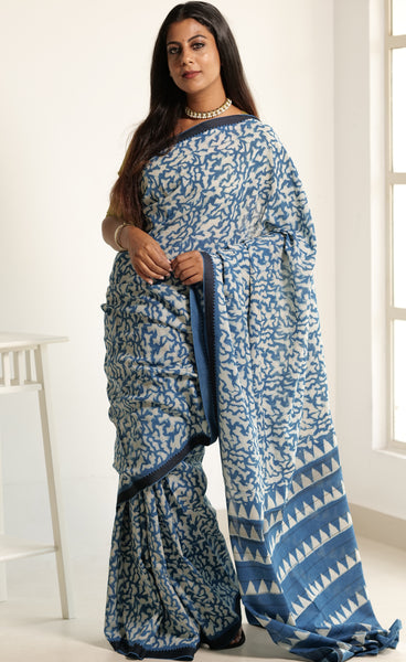 Hand woven Indigo printed saree (IND-56)