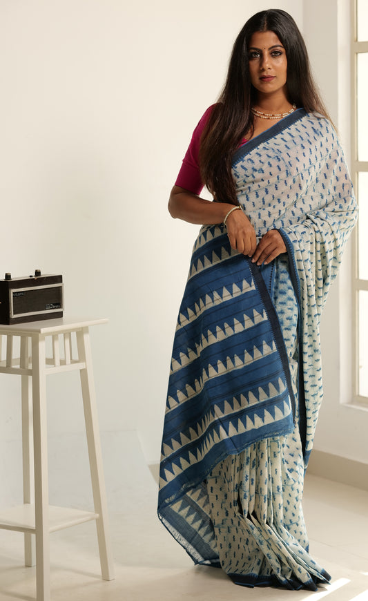 Indigo printed pure cotton saree (IND-60)